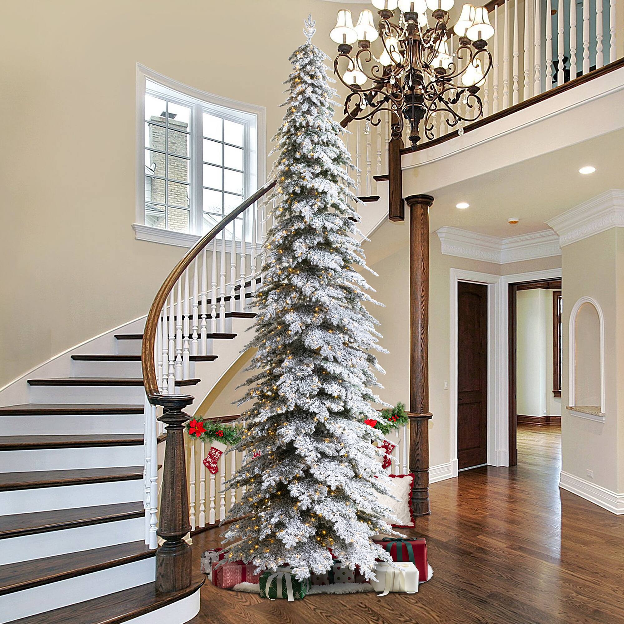 15ft. Pre-Lit Flocked Pencil Spruce Artificial Christmas Tree, Warm White LED Lights